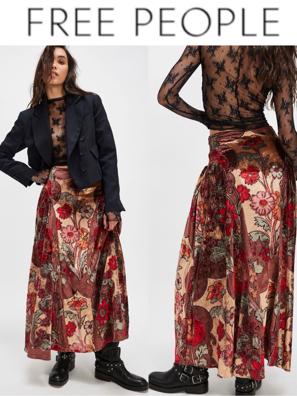 NWT FREE PEOPLE VELVET PETALS FLORAL BURNOUT MAXI SKIRT CHOCOLATE COMBO SIZE 12